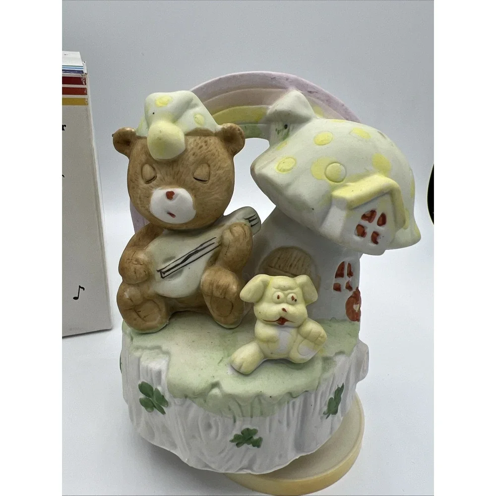 Vintage 1980s Musical Porcelain Rainbow Bear Rotating Music Box w/ Original Box